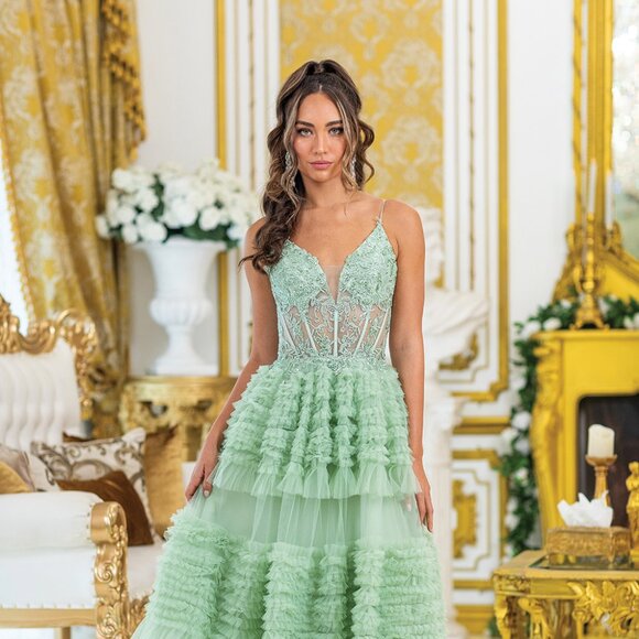 Dancing Queen Dresses & Skirts - New Maxi Ruffled Sage Semi Ball Gown w/ Floral Bodice & Lace Up Back DQ 4476